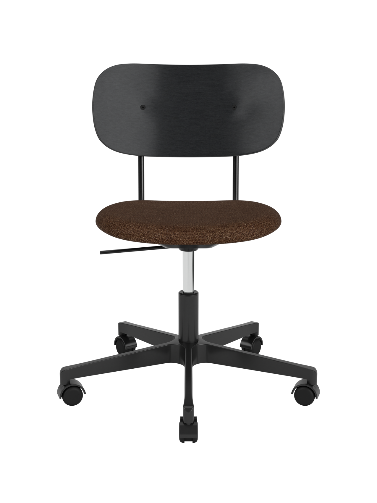 Co Task Chair with a black oak backrest, brown bouclé seat and a black height-adjustable base with castors.