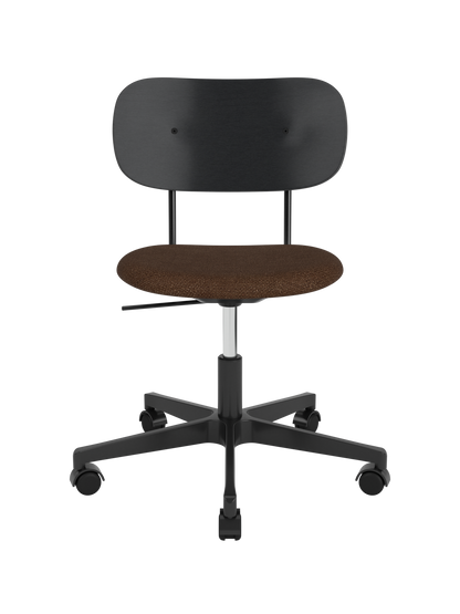 Co Task Chair with a black oak backrest, brown bouclé seat and a black height-adjustable base with castors.