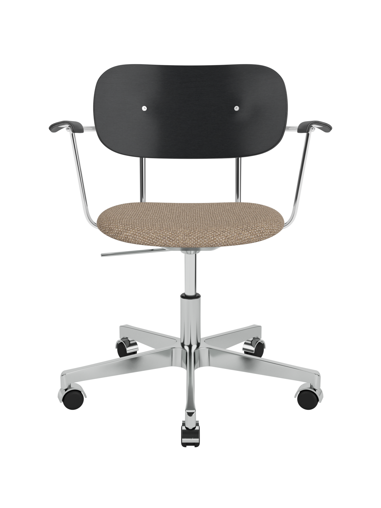 Co Task Chair with black oak back, Logan Flint upholstered seat and chrome swivel base with armrests and castors.
