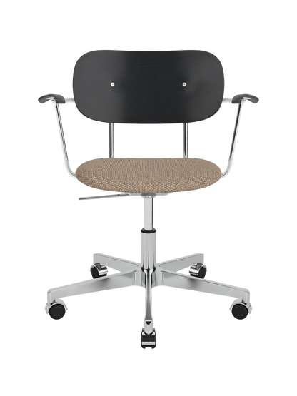 Co Task Chair with black oak back, Logan Flint upholstered seat and chrome swivel base with armrests and castors.