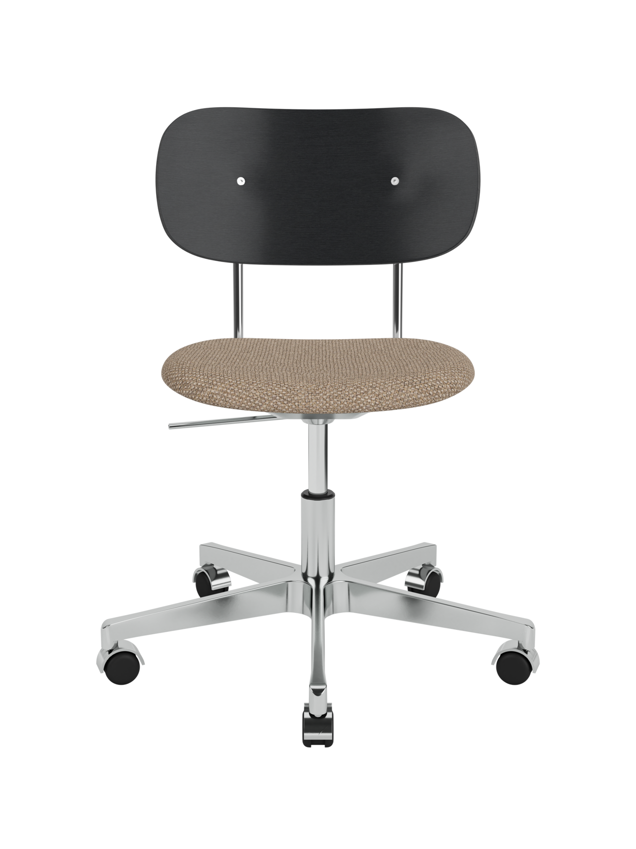 Black oak Co Task Chair with a textured Logan Flint upholstered seat and chrome-finish aluminium swivel base on castors.