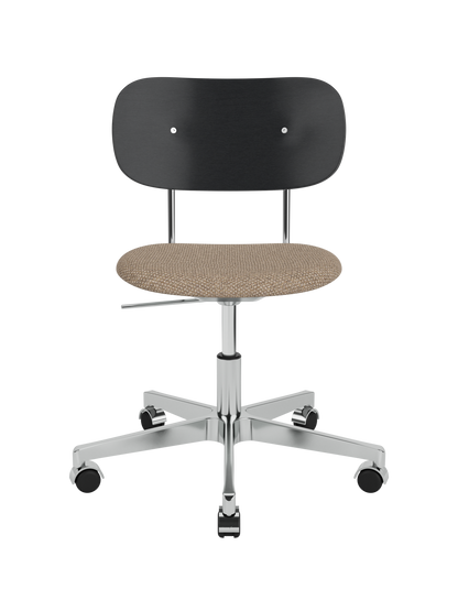 Black oak Co Task Chair with a textured Logan Flint upholstered seat and chrome-finish aluminium swivel base on castors.