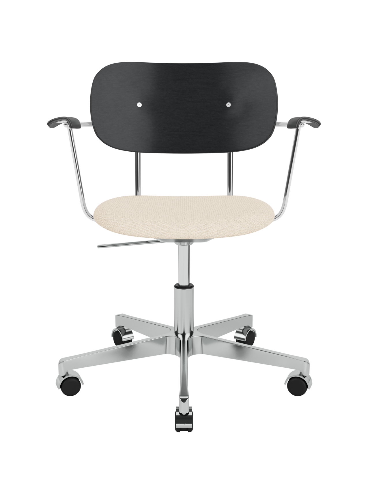 Co Task Chair with black painted oak back, Logan Jasmine upholstered seat and polished aluminium swivel base with castors.