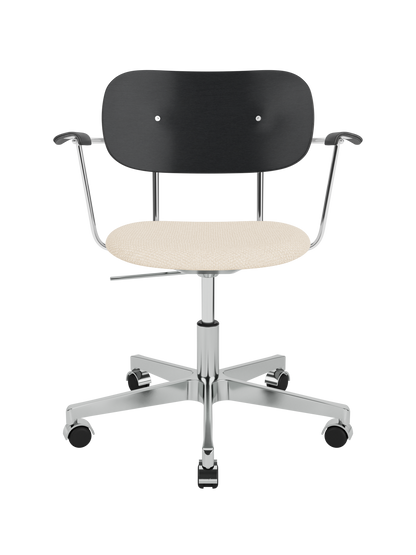 Co Task Chair with black painted oak back, Logan Jasmine upholstered seat and polished aluminium swivel base with castors.