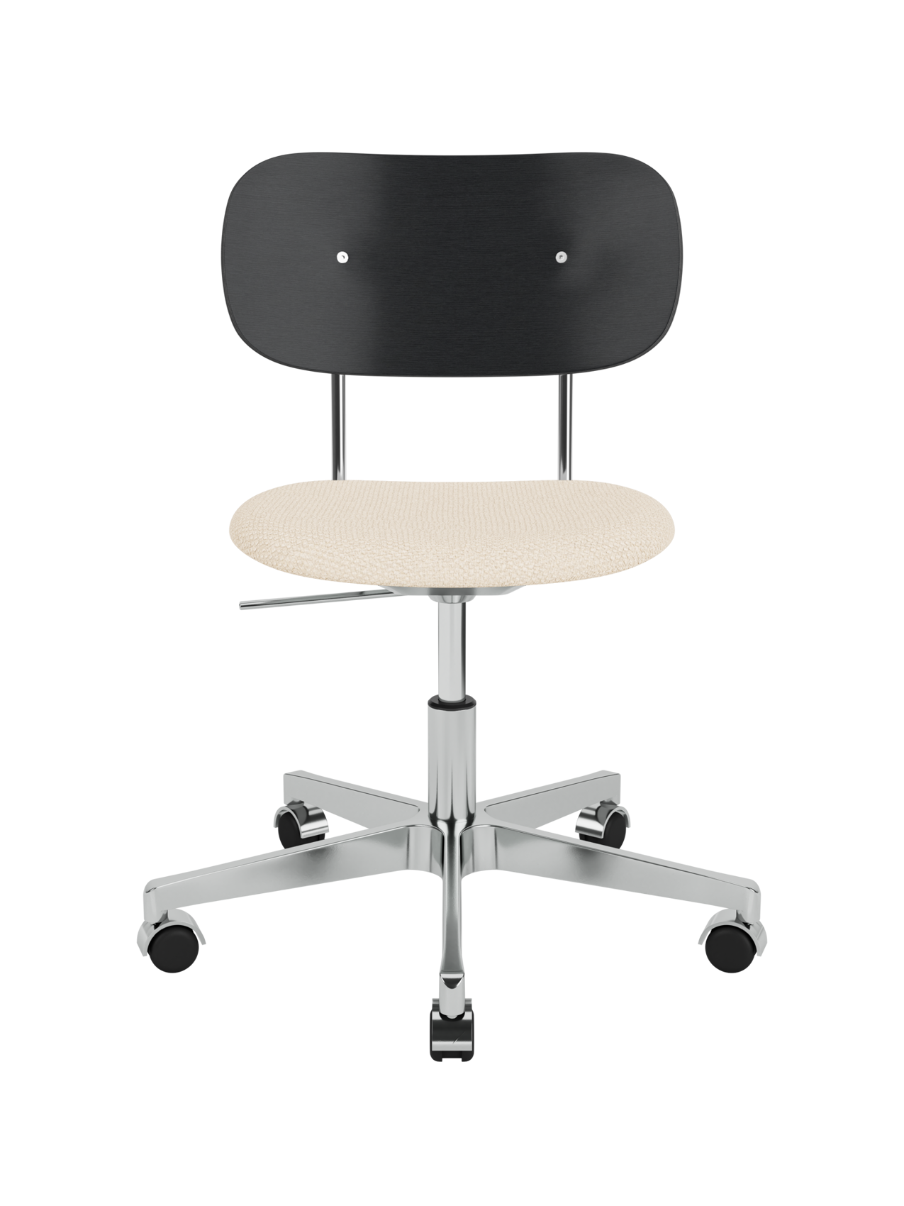 Co Task Chair featuring a black oak backrest, Logan Jasmine upholstered seat, and a polished aluminium swivel base.
