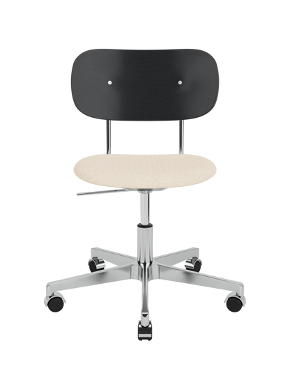 Co Task Chair featuring a black oak backrest, Logan Jasmine upholstered seat, and a polished aluminium swivel base.