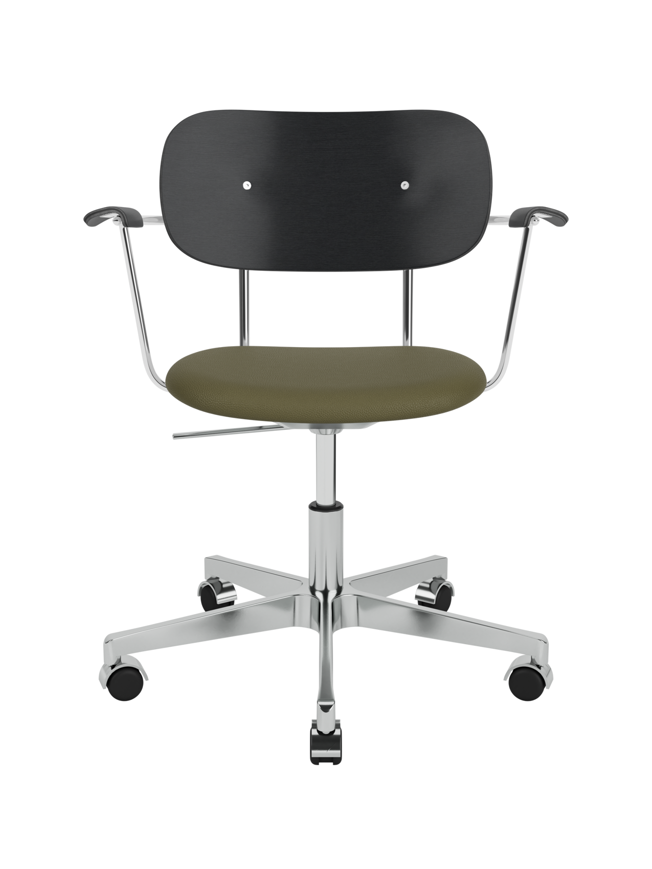 Co Task Chair with black oak back, Sierra 0441 upholstered seat and chrome frame on an aluminium swivel base with castors.