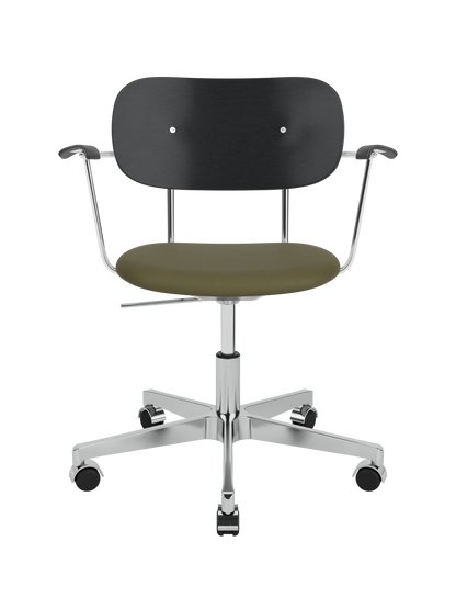 Co Task Chair with black oak back, Sierra 0441 upholstered seat and chrome frame on an aluminium swivel base with castors.