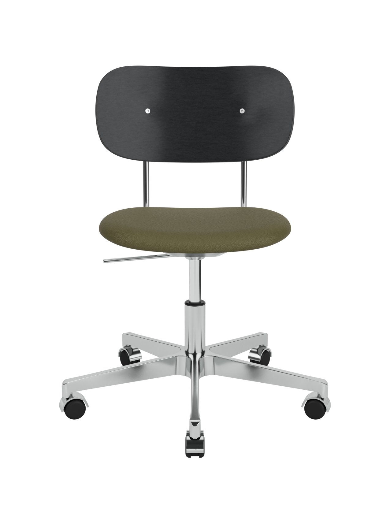 Co Task Chair featuring a black oak back, olive Sierra leather seat and polished aluminium swivel base with wheels.