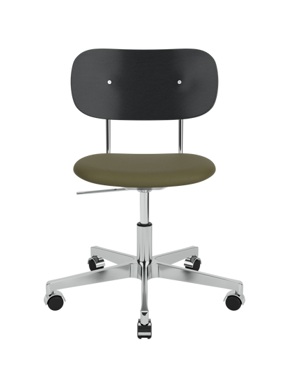 Co Task Chair featuring a black oak back, olive Sierra leather seat and polished aluminium swivel base with wheels.