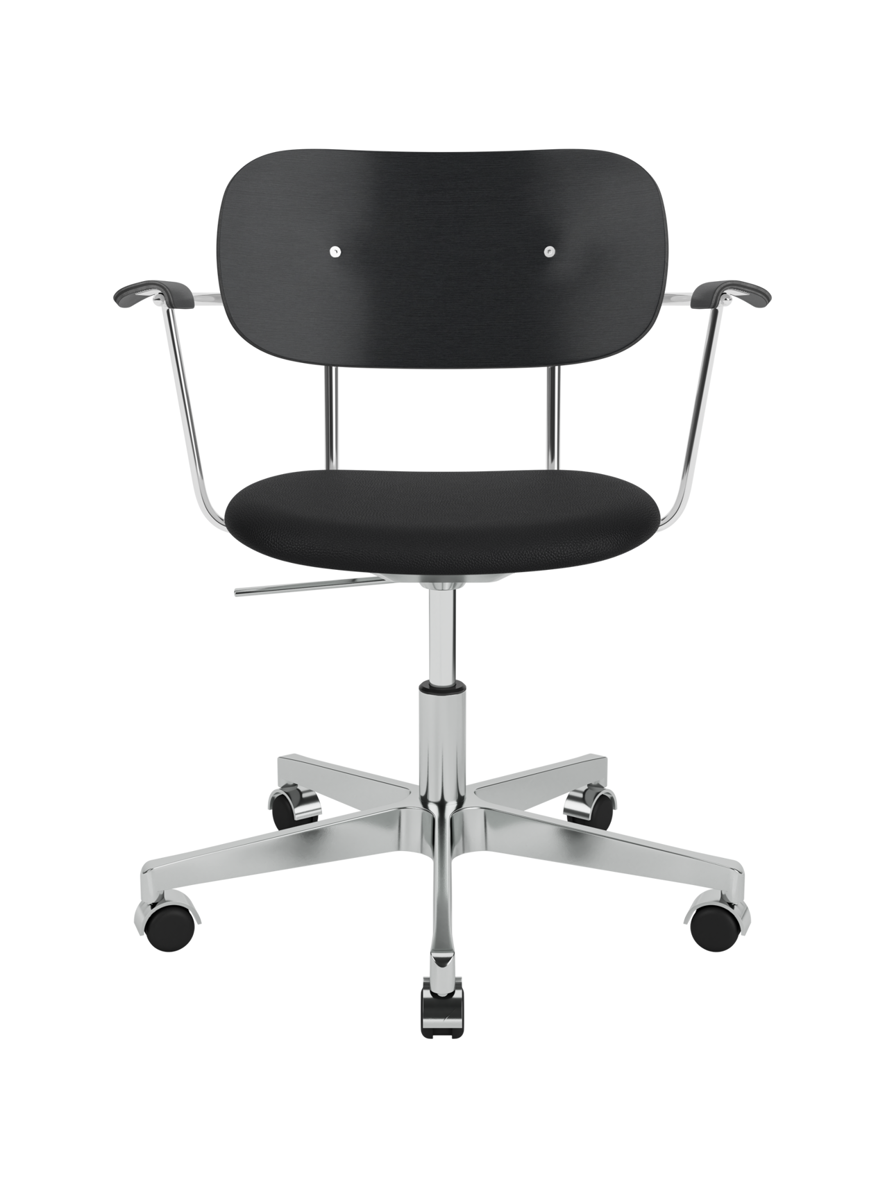 Co Task Chair with black upholstered seat, black painted oak back and chrome armrests on a polished aluminium base.