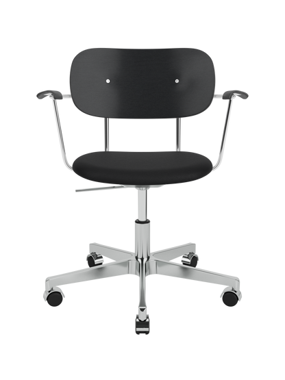 Co Task Chair with black upholstered seat, black painted oak back and chrome armrests on a polished aluminium base.