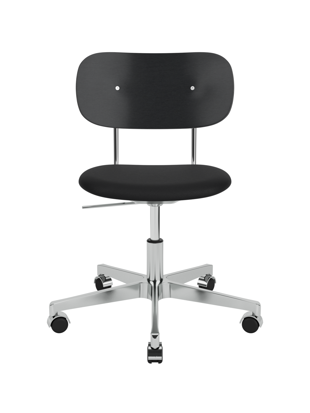 Co Task Chair with black stained oak back, black upholstered seat and polished aluminium swivel base with castors.