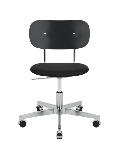 Co Task Chair with black stained oak back, black upholstered seat and polished aluminium swivel base with castors.