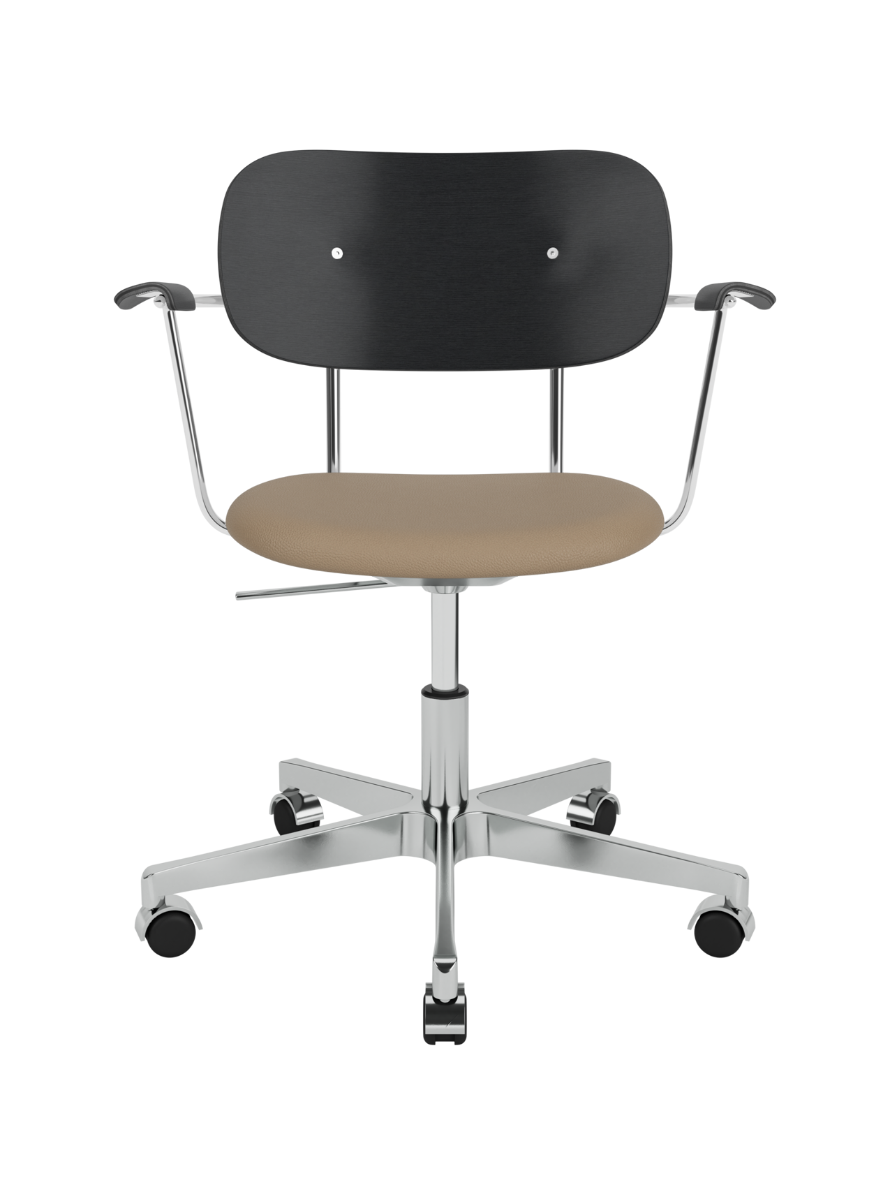 Co Task Chair with black oak backrest, tan Sierra upholstered seat and a polished aluminium base with armrests and wheels.