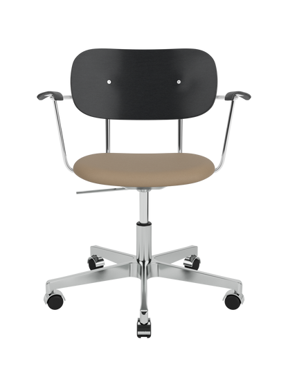 Co Task Chair with black oak backrest, tan Sierra upholstered seat and a polished aluminium base with armrests and wheels.