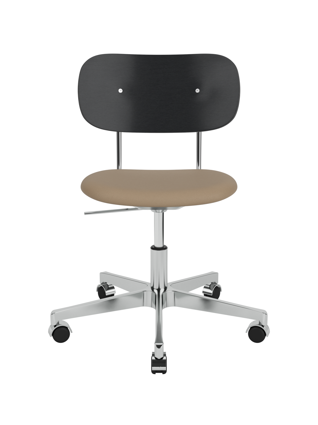 Co Task Chair featuring a black painted oak back, tan Sierra 1611 leather seat and polished aluminium base with castors.
