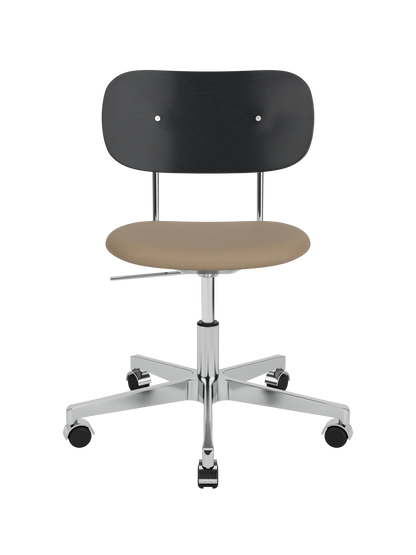 Co Task Chair featuring a black painted oak back, tan Sierra 1611 leather seat and polished aluminium base with castors.