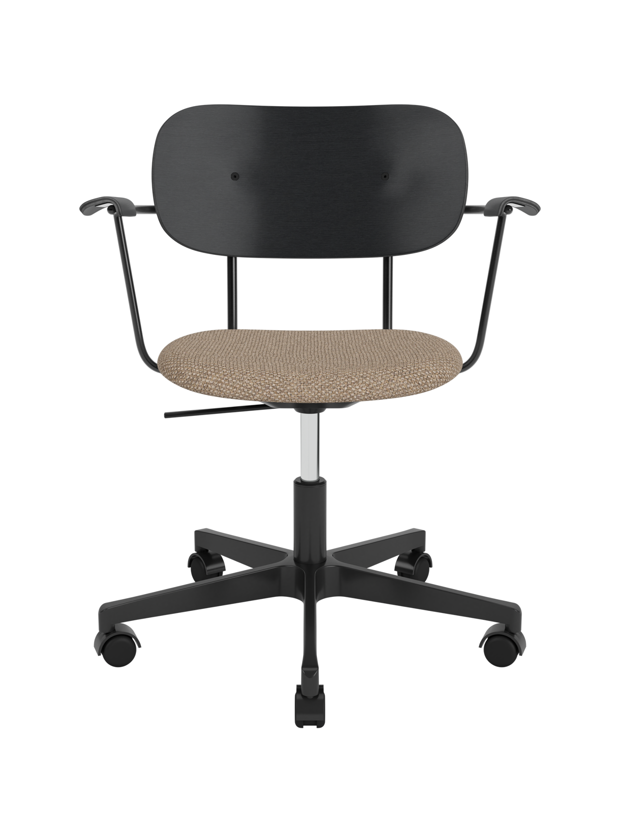 Black Co Task Chair with a Logan Flint upholstered seat, black painted oak backrest and five-star swivel base.