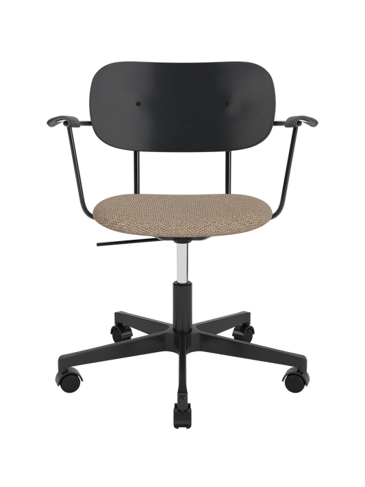 Black Co Task Chair with a Logan Flint upholstered seat, black painted oak backrest and five-star swivel base.