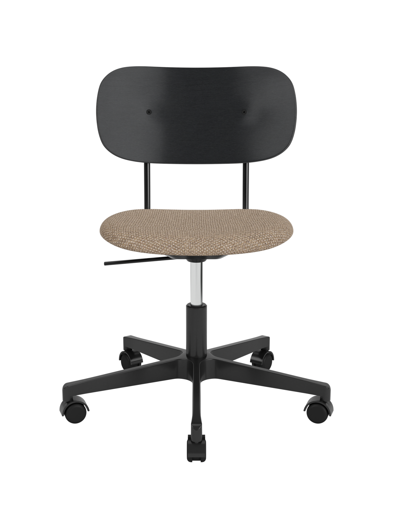 Co Task Chair with a black painted oak back and Logan Flint upholstered seat on a five-star black swivel base.
