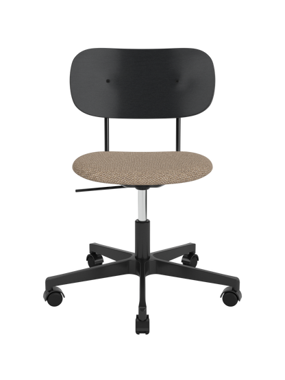 Co Task Chair with a black painted oak back and Logan Flint upholstered seat on a five-star black swivel base.