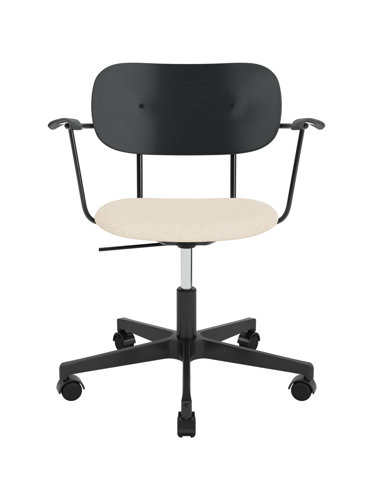 Co Task Chair with cream Logan Jasmine seat, black painted oak back and armrests on a black swivel base with castors.