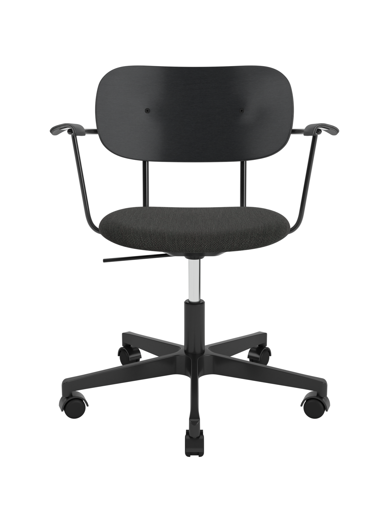 Co Task Chair with black upholstered seat and black oak backrest, featuring armrests on a five-star swivel base with castors.