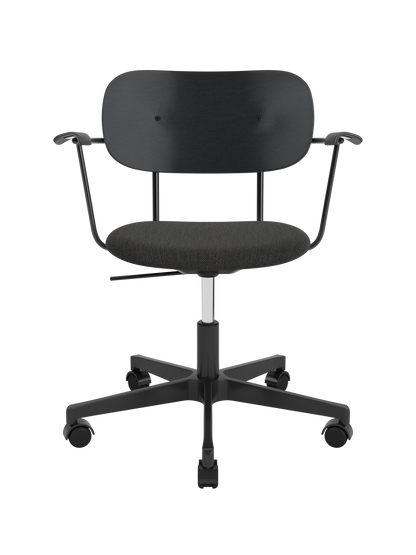 Co Task Chair with black upholstered seat and black oak backrest, featuring armrests on a five-star swivel base with castors.