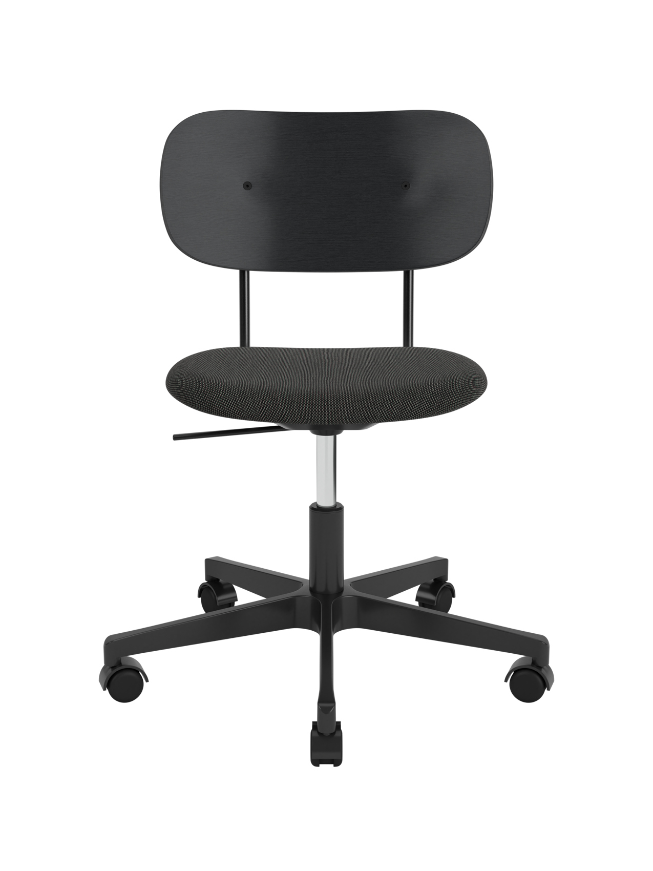 Co Task Chair with a black oak backrest and grey Re-wool upholstered seat on a black swivel base with castors.