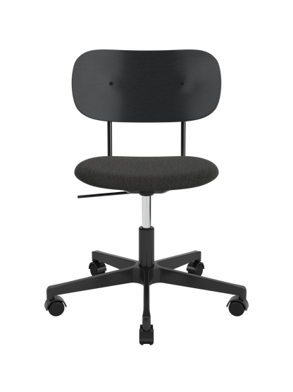 Co Task Chair with a black oak backrest and grey Re-wool upholstered seat on a black swivel base with castors.