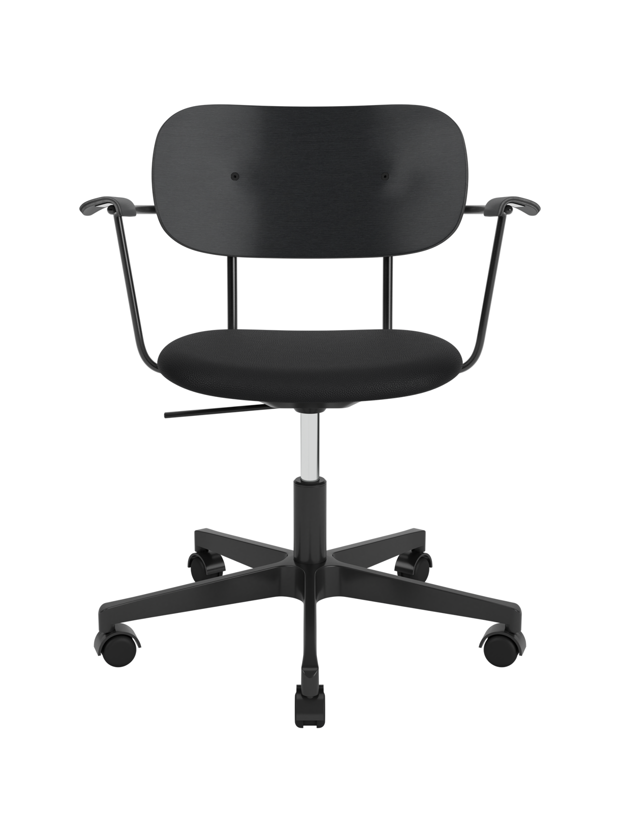 Co Task Chair with black Sierra leather seat, black oak backrest and armrests on a five-star swivel base with castors.