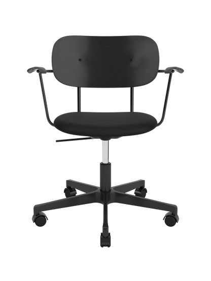 Co Task Chair with black Sierra leather seat, black oak backrest and armrests on a five-star swivel base with castors.