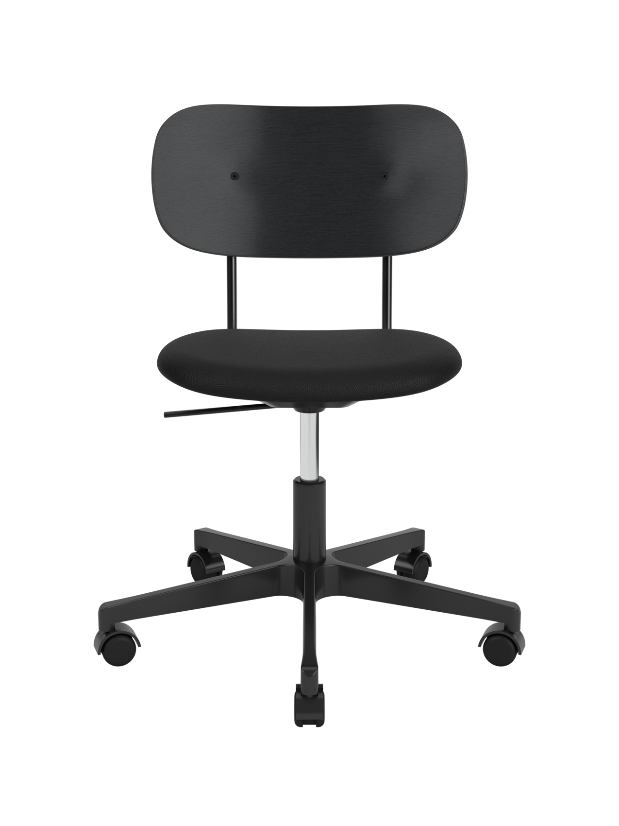 Co Task Chair with a black oak backrest, black Sierra upholstered seat and a height-adjustable swivel base on castors.