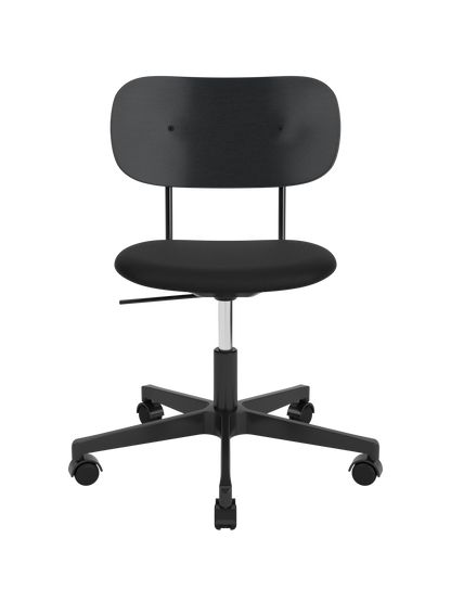 Co Task Chair with a black oak backrest, black Sierra upholstered seat and a height-adjustable swivel base on castors.