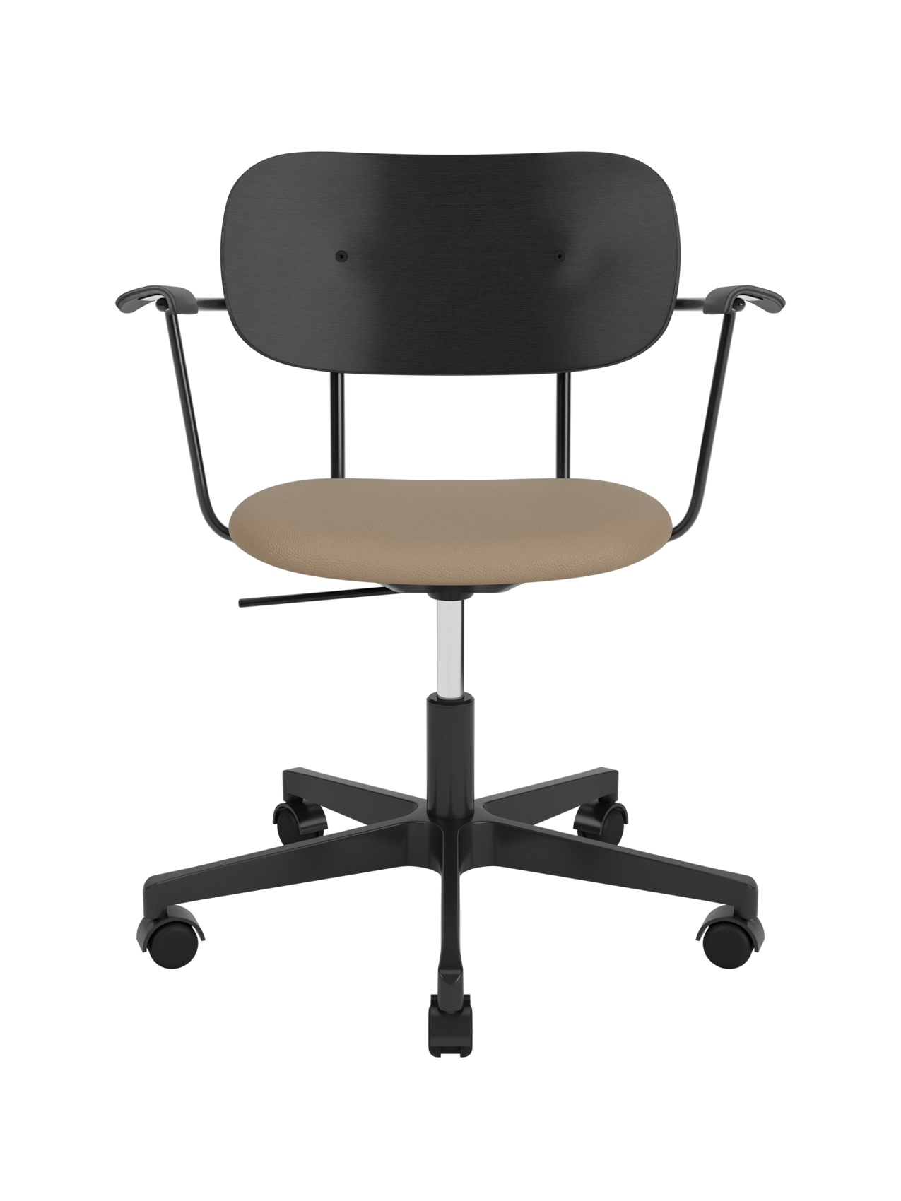 Co Task Chair with black oak back and armrests, featuring a tan Sierra 1611 upholstered seat and black swivel base.