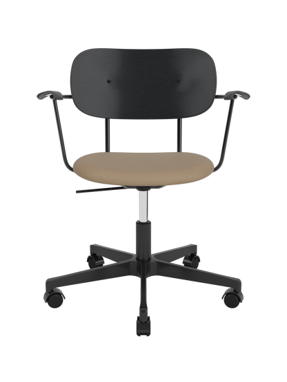 Co Task Chair with black oak back and armrests, featuring a tan Sierra 1611 upholstered seat and black swivel base.