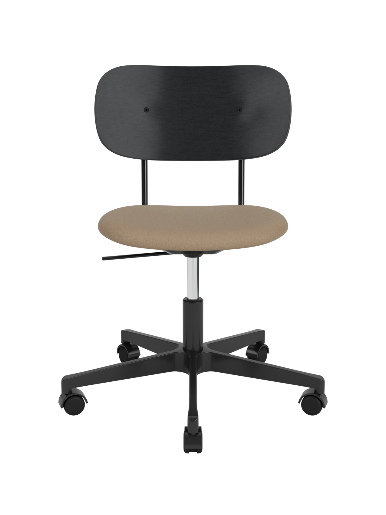 Co Task Chair featuring a black oak backrest, tan Sierra 1611 upholstered seat and a black five-star base with castors.