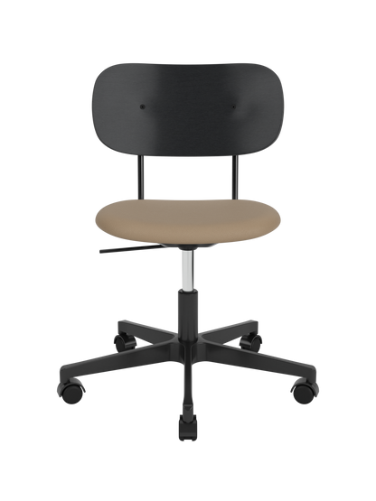Co Task Chair featuring a black oak backrest, tan Sierra 1611 upholstered seat and a black five-star base with castors.