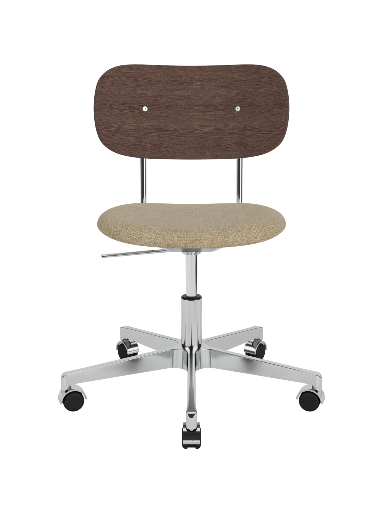 Co Task Chair featuring a beige bouclé seat, dark stained oak backrest and polished aluminium swivel base with castors.