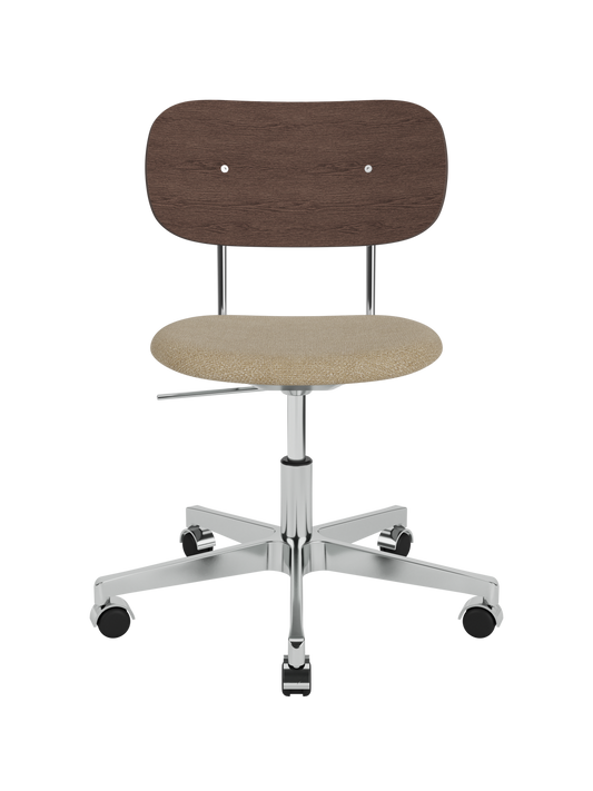 Co Task Chair featuring a beige bouclé seat, dark stained oak backrest and polished aluminium swivel base with castors.