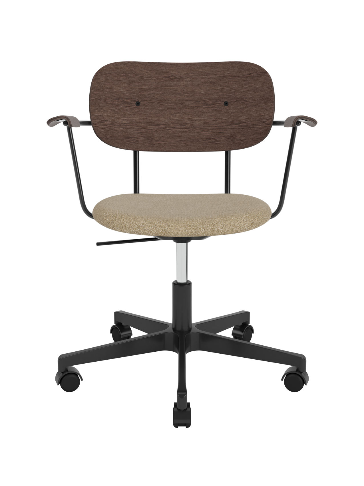 Co Task Chair featuring a dark stained oak back, beige bouclé upholstered seat and black swivel base with castors.