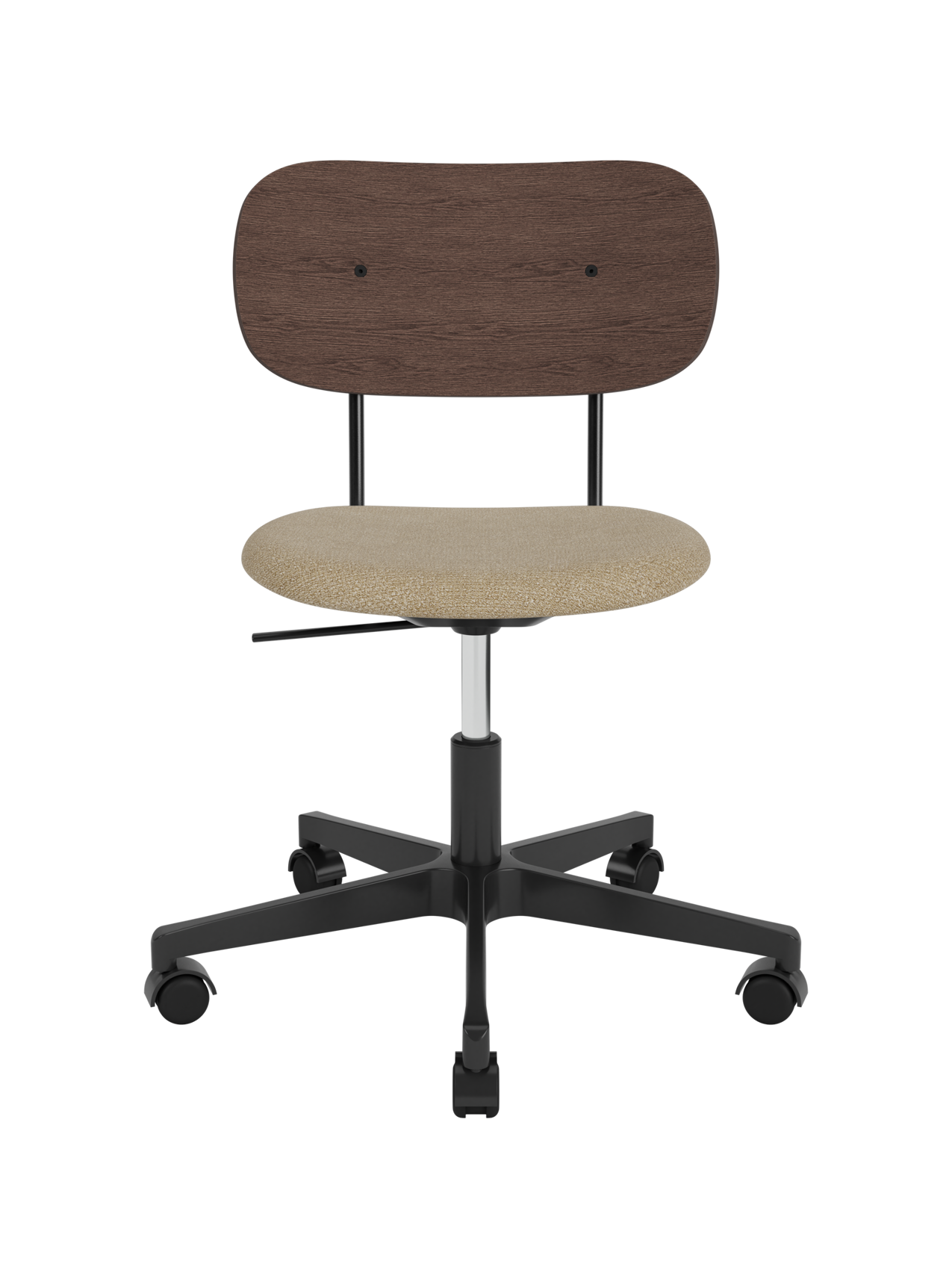 Co Task Chair featuring a dark stained oak back, beige bouclé seat and a black five-star swivel base with castors.