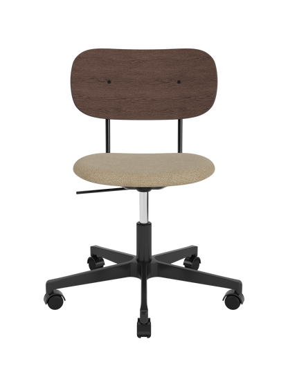 Co Task Chair featuring a dark stained oak back, beige bouclé seat and a black five-star swivel base with castors.