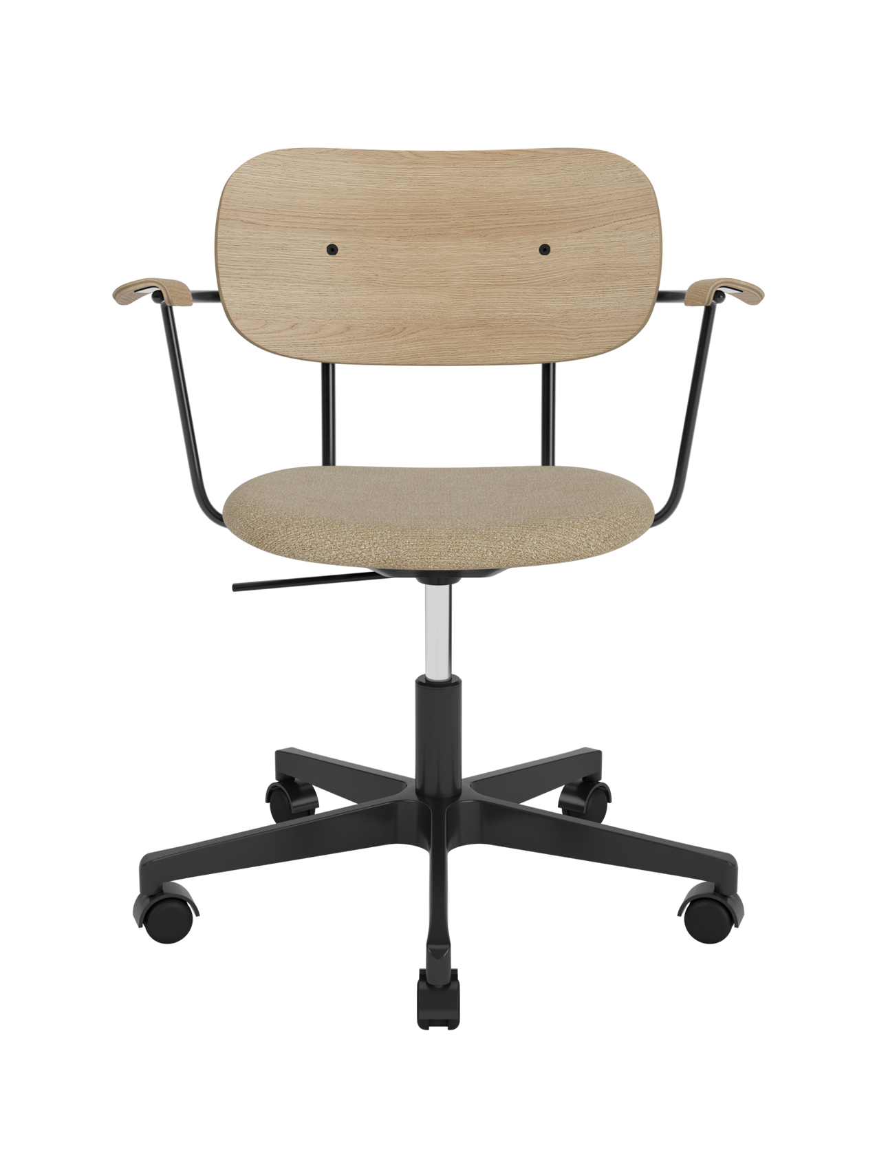 Co Task Chair with natural oak back and armrests, beige bouclé seat, and black swivel base with castors.