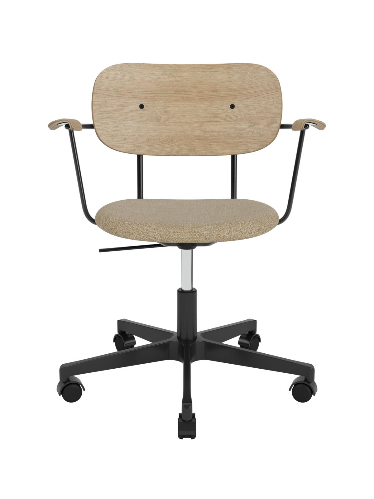 Co Task Chair with natural oak back and armrests, beige bouclé seat, and black swivel base with castors.