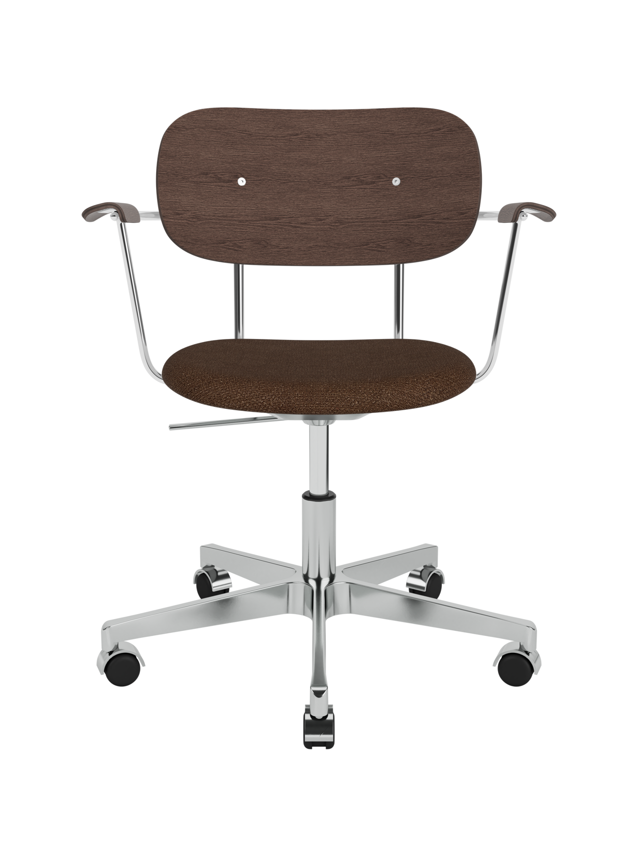 Co Task Chair featuring a brown Bouclé seat, dark stained oak back and armrests, on a polished aluminium swivel base.