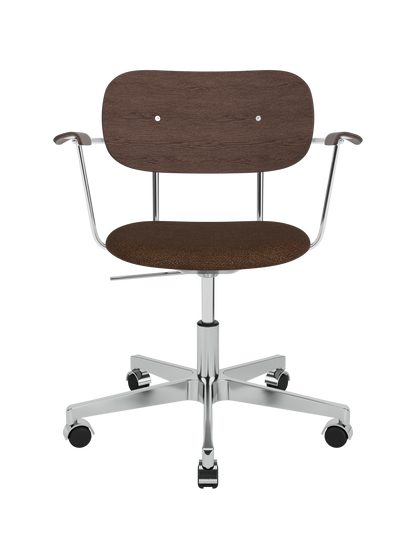 Co Task Chair featuring a brown Bouclé seat, dark stained oak back and armrests, on a polished aluminium swivel base.