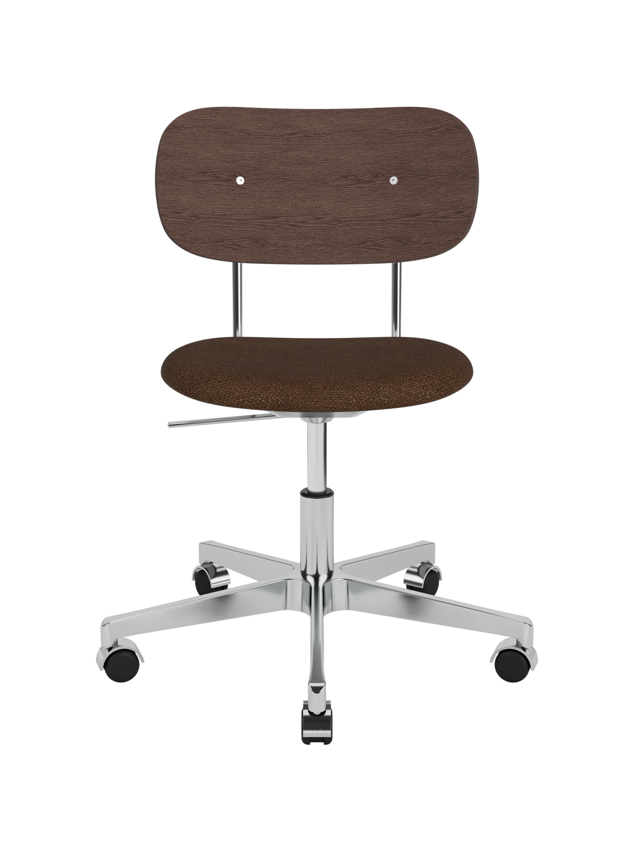 Dark stained oak and brown bouclé Co Task Chair on a polished aluminium swivel base with five castors.