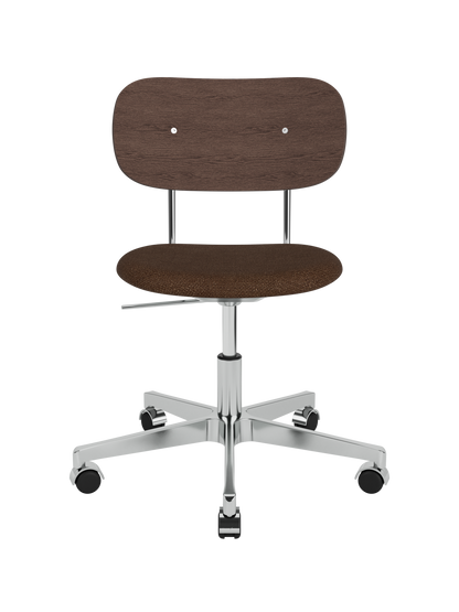 Dark stained oak and brown bouclé Co Task Chair on a polished aluminium swivel base with five castors.